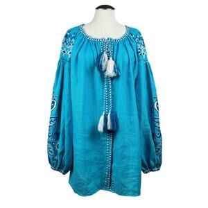 Women Alina‎ Bogdanska Blue Blouse Embroidered Tassel Snap Front Oversize Top XL